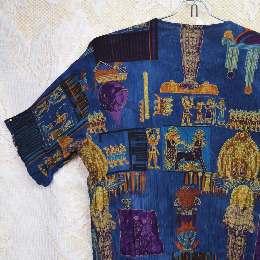VTG 90s Womens Sz Sm Silk Blend Peker Collection Egyptian History Sarcophagus - Picture 5 of 9